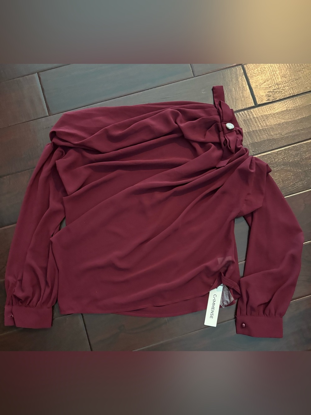 Commense One-Shoulder Burgundy Blouse with Button Accent